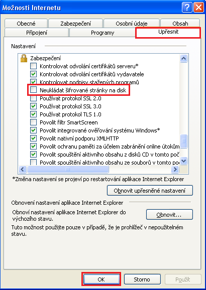 V případě, že exporty nebudou stále fungovat, zkontrolujte v nastavení Internet Explorer v záložce Upřesnit, ( Advanced ) povolení ukládání