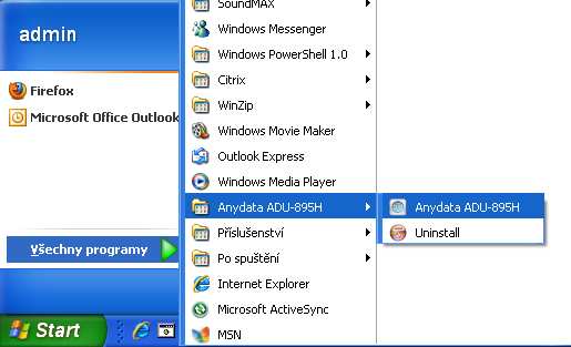 4.1.1.2 Odinstalace 1) Start Programy AnyDATA ADU895-H Uninstall
