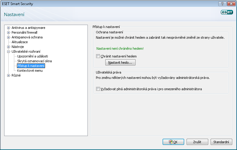 Uživatelské rozhraní Ochrana nastavení Nastavit heslo. Po aktivování ochrany může užívatel zadat heslo a následně každá změna nastavení ESET Smart Security 4 bude dané heslo vyžadovat.