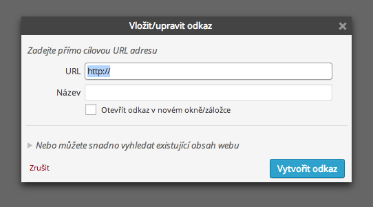 VYTVÁŘENÍ ODKAZŮ NA JINÉ STRÁNKY Pokud chcete vytvořit odkaz na jinou stránku, vyberte text, který má představovat tento odkaz a poté