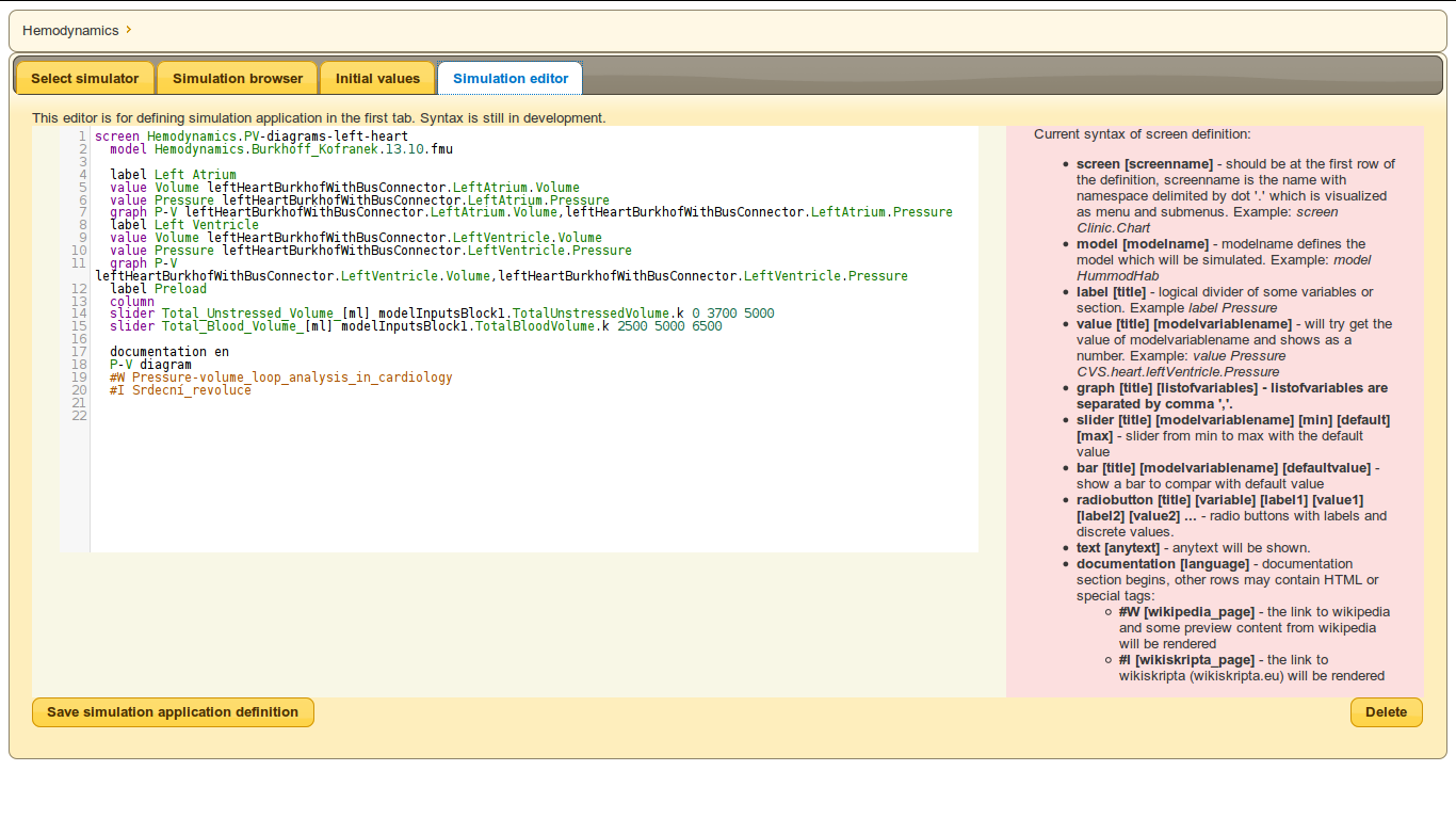 Příklad Hemodynamika editor simulátoru - integrovaný - doménově