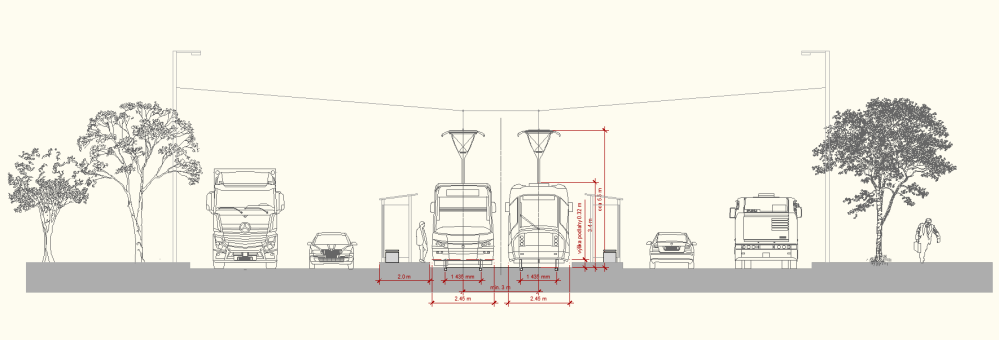 Obrázek 34: Tramvajové těleso v parametrech rychlé tramvaje v Bratislavě Obrázek 35: Rychlá tramvaj na estakádě podporuje přirozené příčné vztahy povrchové dopravy, je však problematická z hlediska