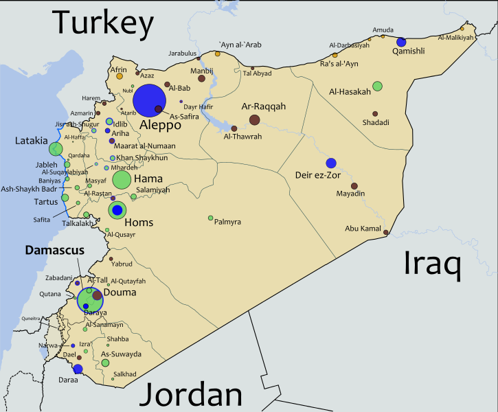 Zelená: Města pod kontrolou syrské vlády Černá: Města pod kontrolou opozice