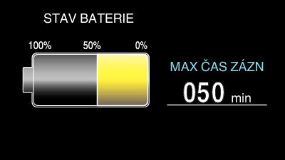 Záznam Zbývající doba záznamu/energie baterie Můžete zkontrolovat čas, který zbývá pro video záznam na SD kartě, stejně jako zbývající energii baterie stiskněte tlačítko UP/< nebo DOWN/> 1 Otevřete