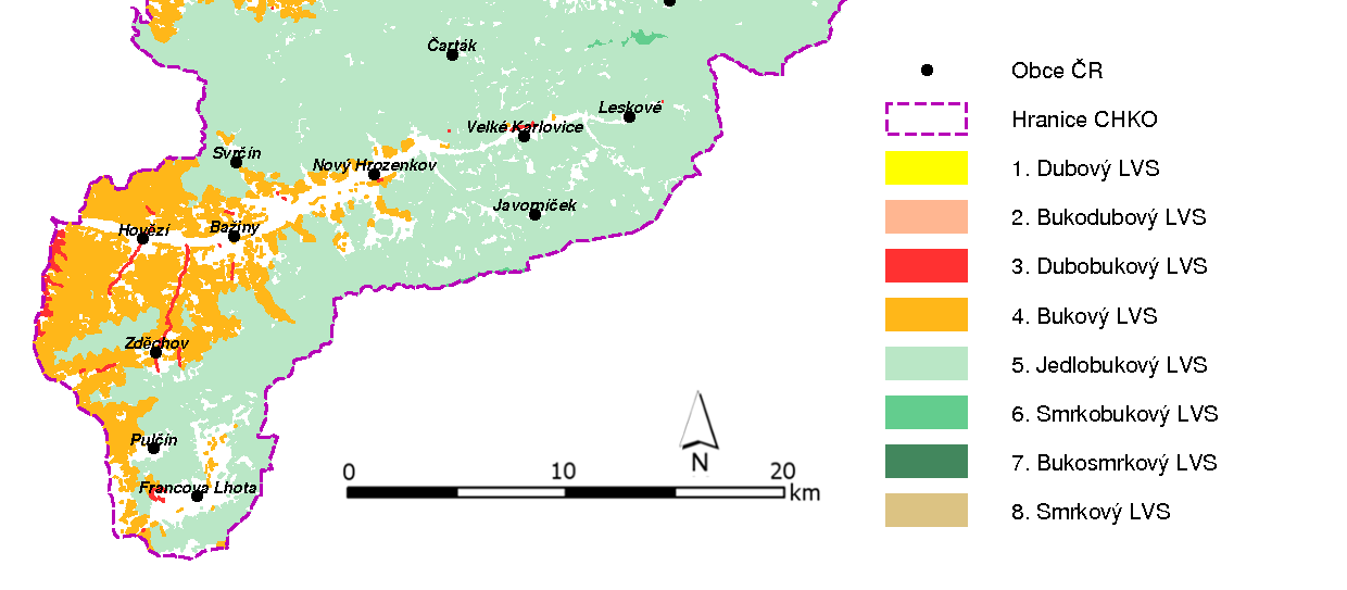 Mapa lesních vegetačních stupňů v Chráněné krajinné oblasti Beskydy (GIS