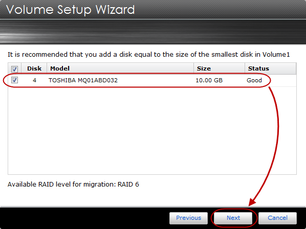 KROK 2 Zobrazí se průvodce nastavením diskového oddílu. Zvolte [Migrate this volume to a RAID volume or higher RAID level] a vyberte možnost [RAID 6].