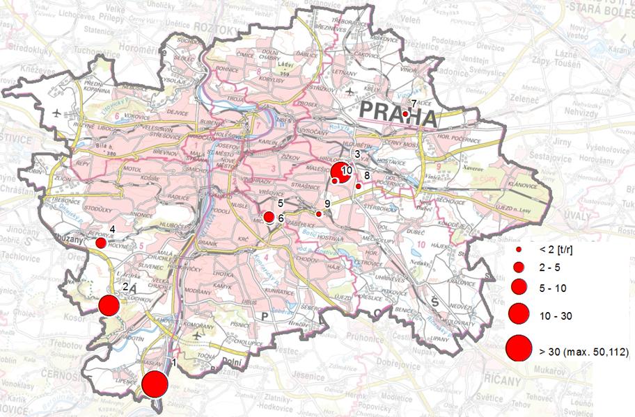 2 Vyjmenované zdroje oxidy dusíku Deset nejvýznamnějších bodově sledovaných vyjmenovaných zdrojů se podílí na celkových emisích NO x v aglomeraci CZ01 Praha méně