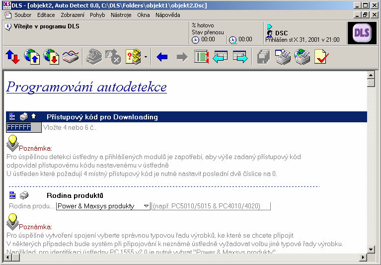 Popis programu Program DLS 2002 Po vytvoření souboru nám program nabídne možnost autodetekce a přečtení