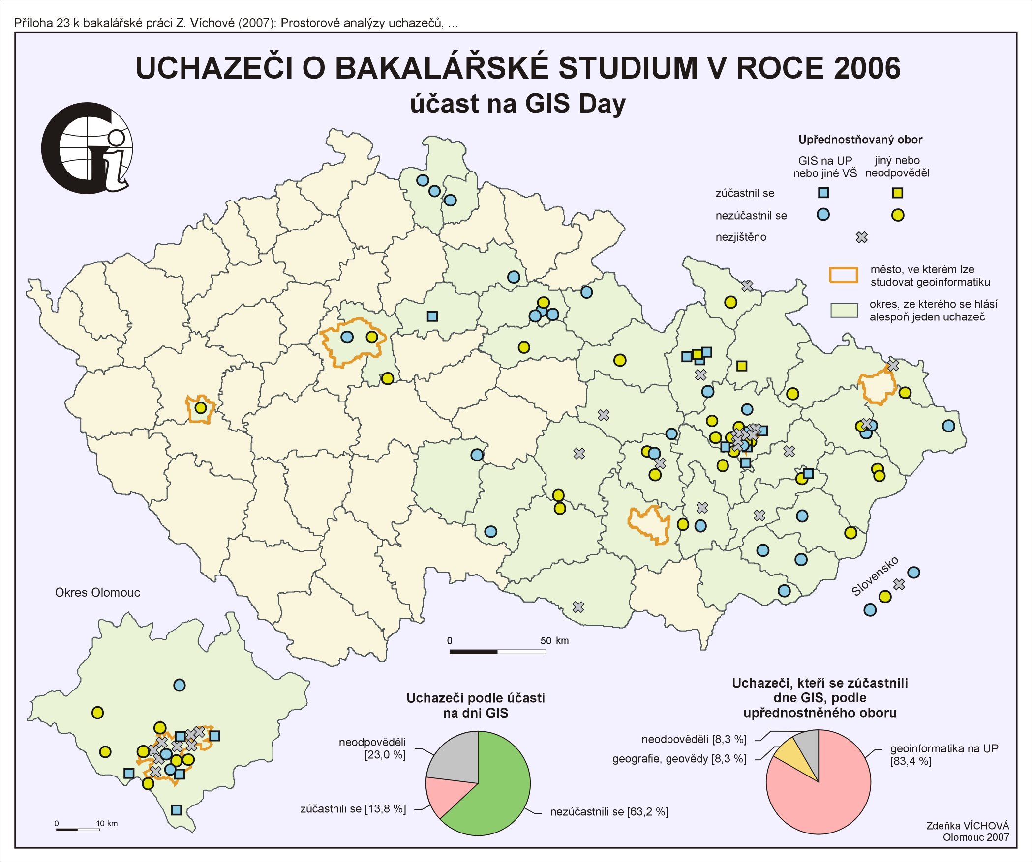 Obr. 8 Účast uchazečů na GIS day v letech 1997-2006 Prostorové analýzy byly prováděny nad stejným vzorkem uchazečů jako neprostorová vyhodnocení.