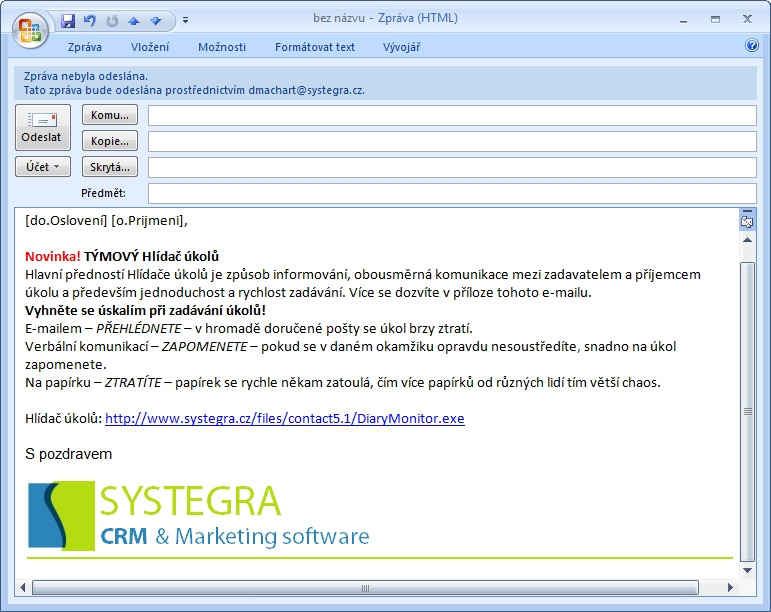 Původní hromadný e-mail jsme v programu zachovali pro jednodušší formu hromadného rozesílání.