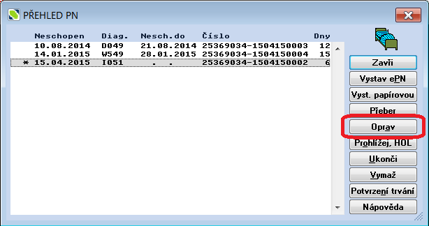 Oprava EPN V případě, že dřív vytvořené podání obsahuje chybu, otevřete neschopenku tlačítkem Oprav PN. Chybu opravte a potvrďte stiskem OK. Program vytvoří opravné podání.