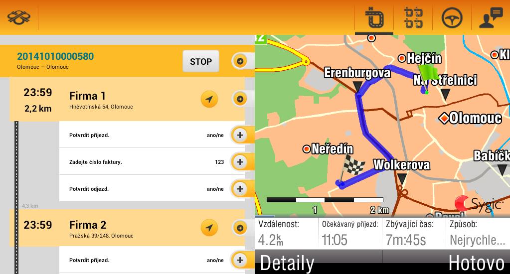 Pokud se řidič nechá navigovat na první zastávku, uvidí v přehledném zobrazení jak trasu s úkoly, tak mapu s navigací.