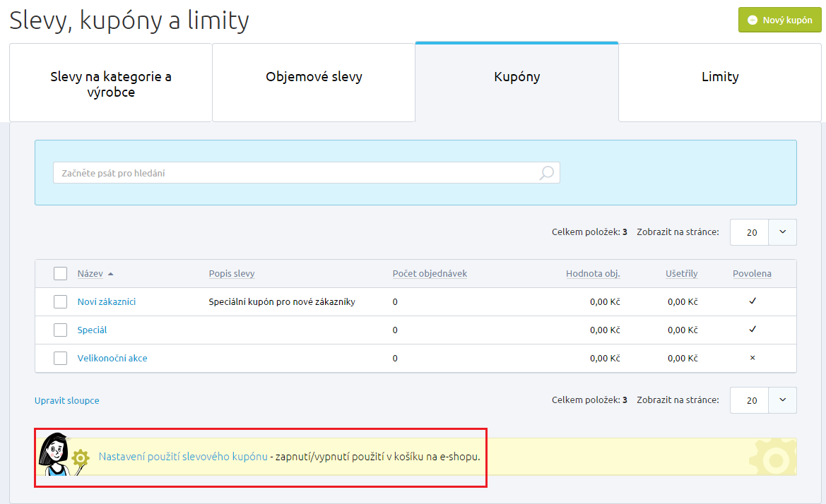 Proto, aby se dal slevový kupón uplatňovat na e-shopu v košíku, je potřeba zatrhnout pole Povolit zadání slevového kupónu, které naleznete v administraci e-shopu sekci