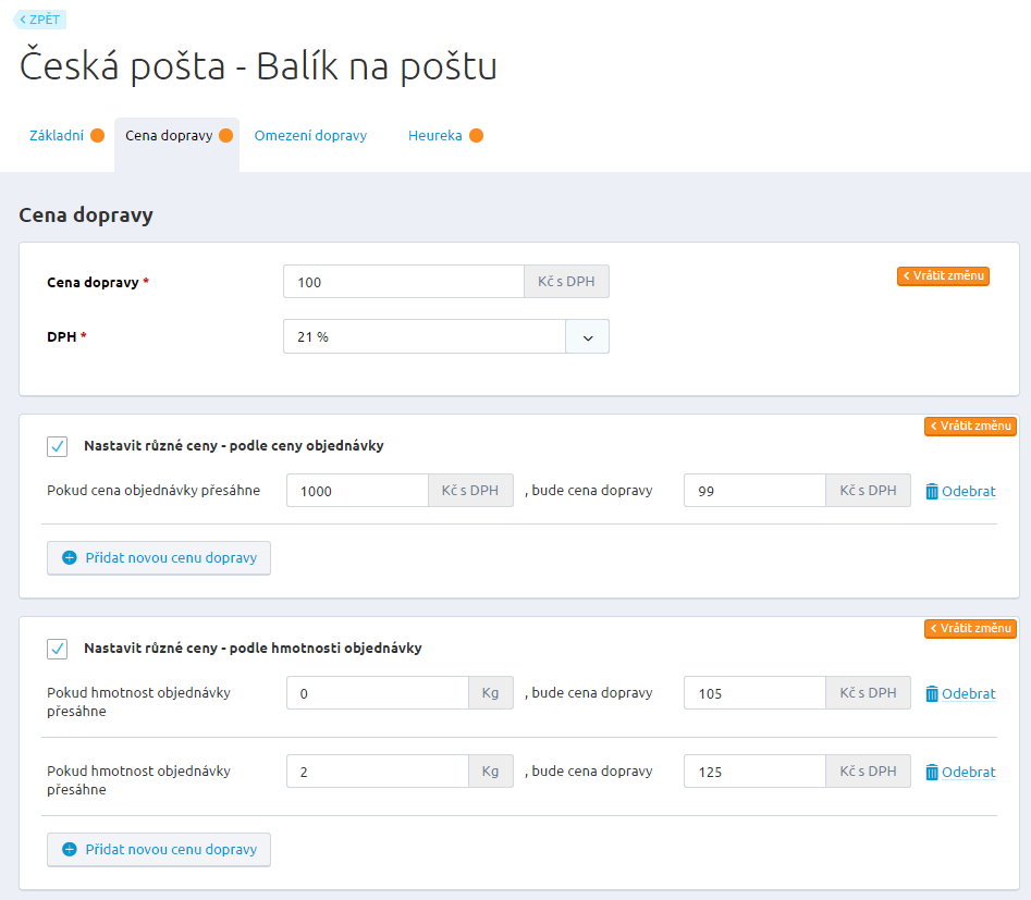 Nastavení různých cen U dopravy je možné nastavit kritéria (rozsahy od - do) váhy objednávky v kg a ceny objednávky v Kč.