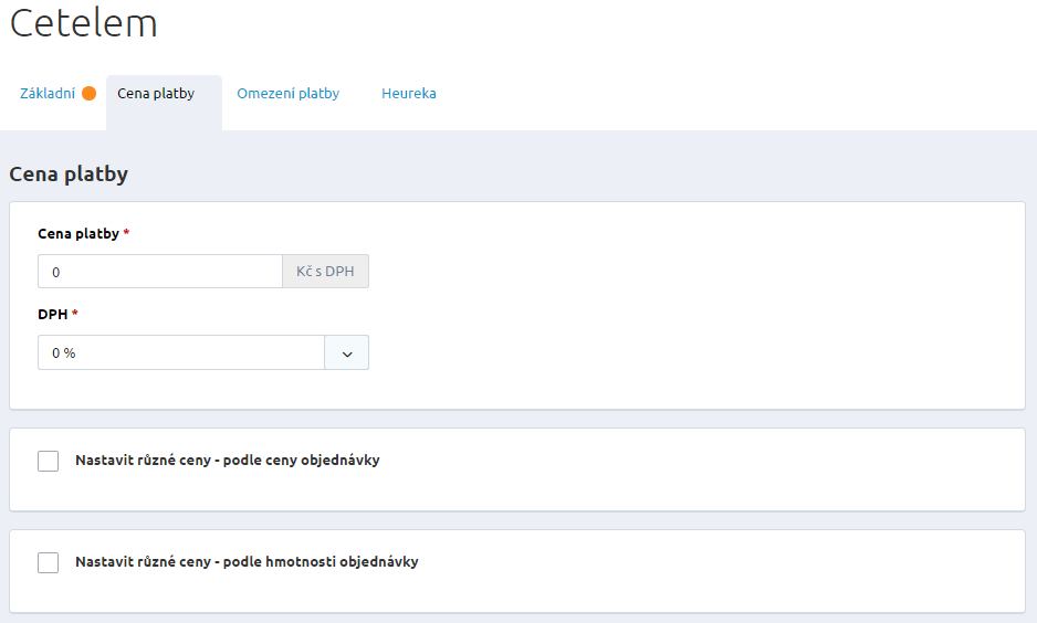 Nastavení ceny platby podle ceny objednávky zde nastavíte, jaká se bude účtovat cena za platbu, pokud cena objednávky překročí vámi stanovenou výši.