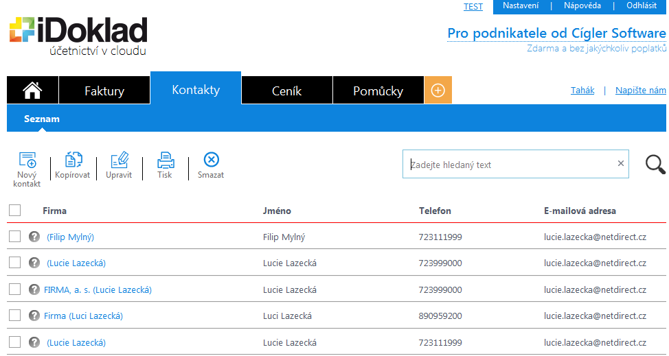 S objednávkami se také importují informace o zákaznících, které se nacházejí v sekci Kontakty.