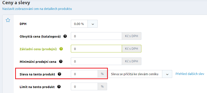 Sleva na konkrétní zboží V administraci na kartě produktu v záložce Ceny, lze uvést slevu na konkrétní produkt. Sleva je uváděna v procentech a může být záporná.