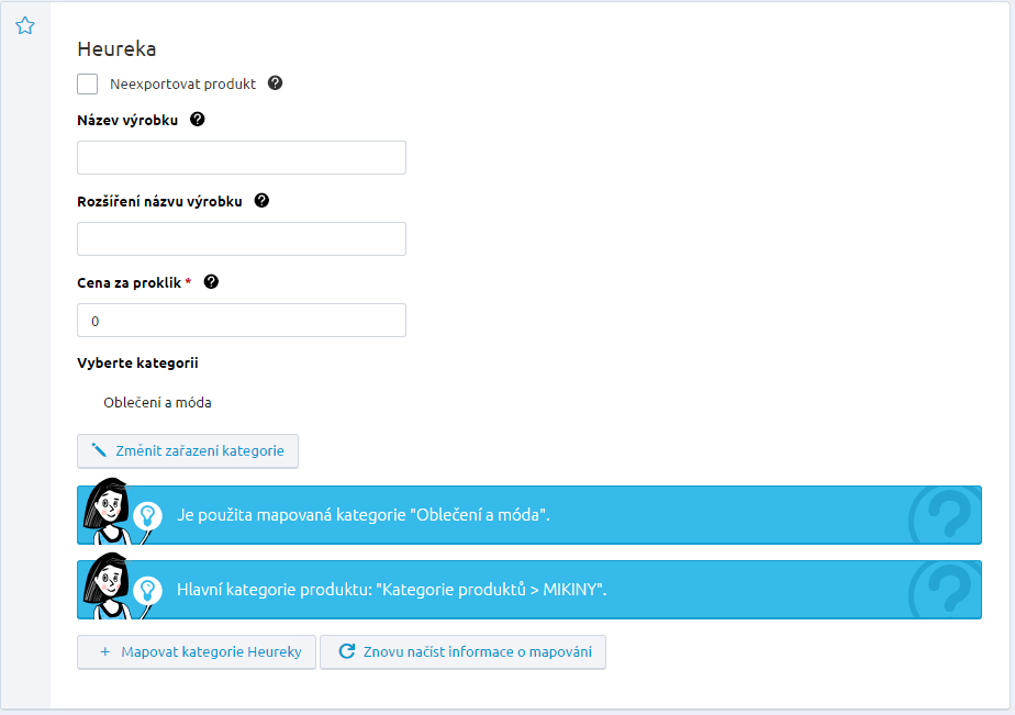 Namapujte si své kategorie s kategoriemi Heureky. Nákupy Google Zatržením pole Neexportovat produkt zajistíte to, že se produkt nebude pro Zboží.cz exportovat do feedu.