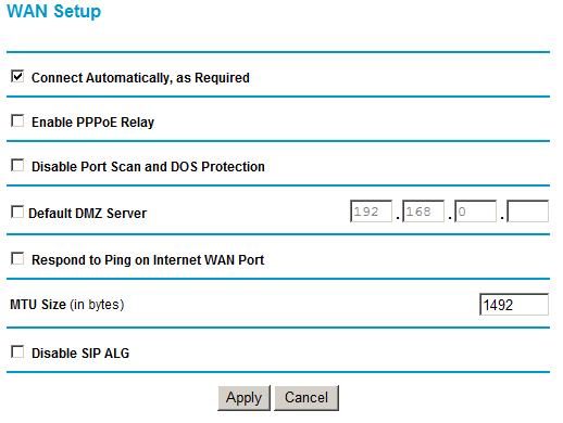 Obrázek 49 V nabídce nastavení WAN portu máte tyto možnosti: Connect Automatically, as Required (automatické připojení podle potřeby) V továrním nastavení modem routeru je tato volba aktivní;