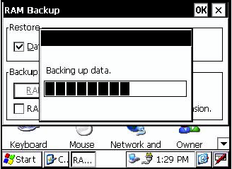 3 Stiskněte tlačítko souhlasu [YES]. Funkce zálohování se spustí. Po skončeném zálohování se automaticky vrátíte na obrazovku "RAM Backup". 4 Na horní liště stiskněte [OK].