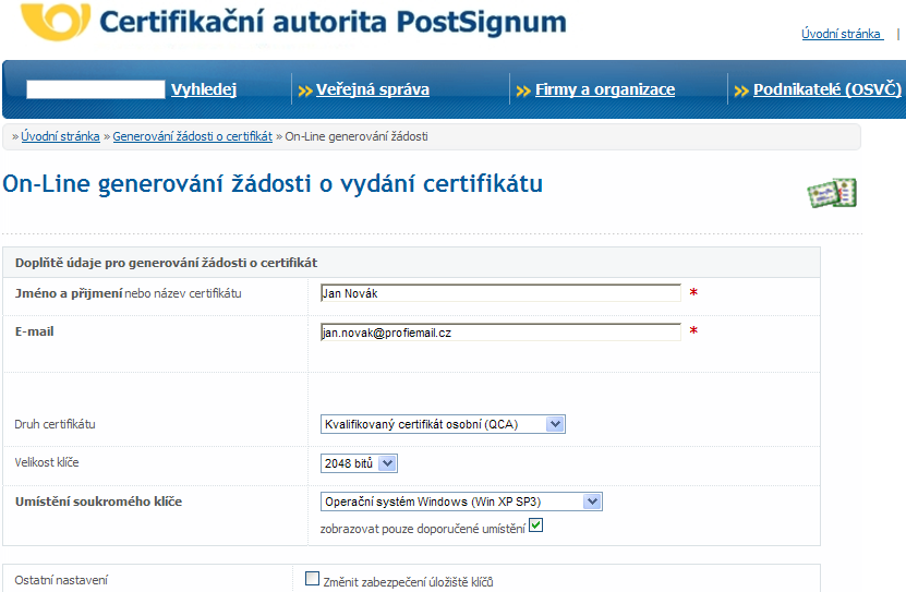 V Internet Exploreru vyberte Nástroje > Možnosti internetu > Obsah > Certifikáty Certifikát od firmy Postsignum (Česká pošta) - Tento certifikát placený, doba platnosti certifikátu je jeden rok.
