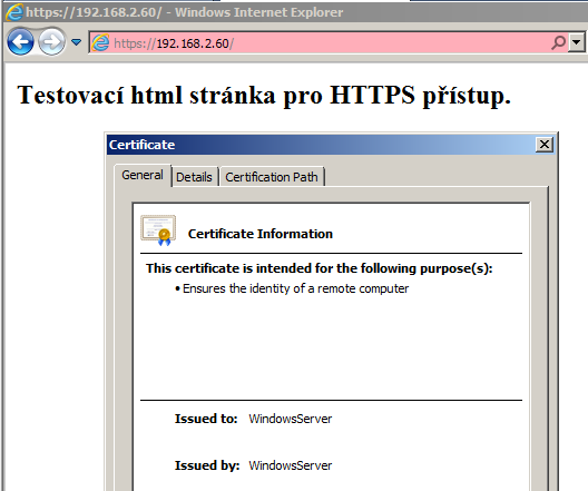 Obr. 6 44 HTTP přístup Klientovi, který se přihlašuje protokolem HTTPS, je zobrazena odlišná webová stránka a webový prohlížeč ho upozorní na vytvoření šifrovaného komunikačního kanálu a existenci