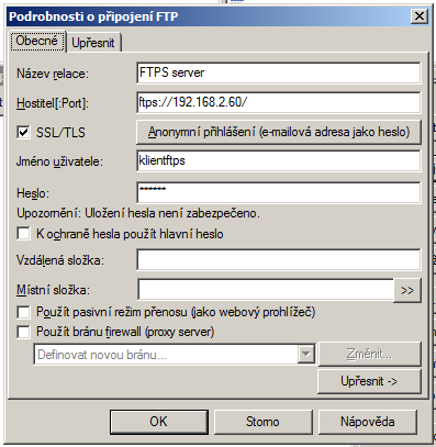 opatřit i sami) nebo sada privátních a veřejných klíčů (SFTP).