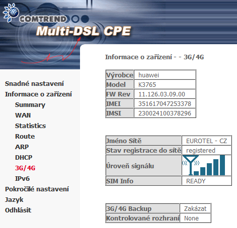5.7 3G/4G Informace o stavu USB dongle a 3G Backup spojení