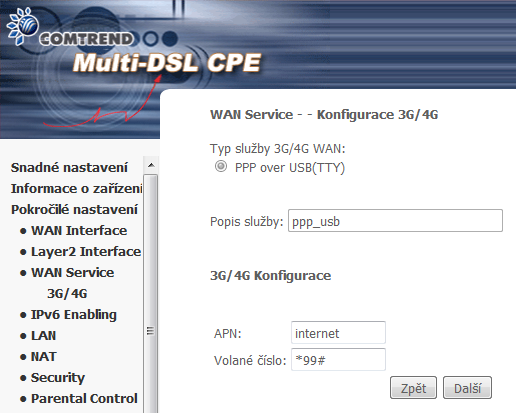 Zadejte APN (Access Point Name) a Volané číslo a klikněte na Další.