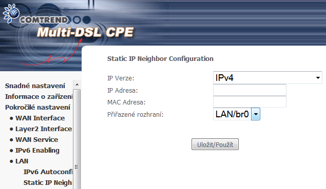 6.5.2 Static IP Neighbor Pomocí této obrazovky můžete v modemu nastavit trvalý záznam pro vybranou MAC