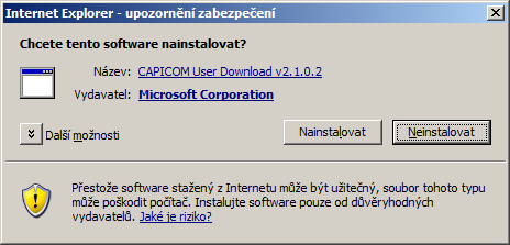 Postup pro instalaci knihovny capicom.dll 1. nahoře v okně Internet Exploreru vyskočí žlutý pruh s výzvou k instalaci doplňku Capicom (Obr. 9) 2.