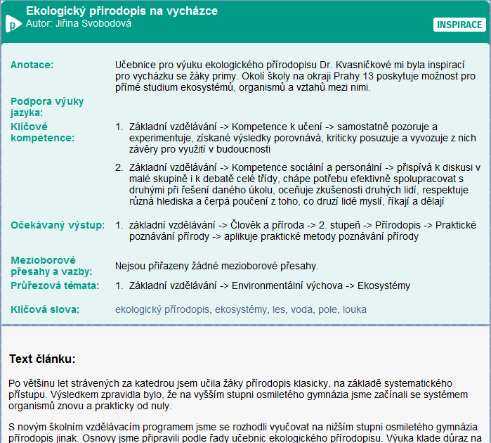 Článek zařazen do struktury RVP (OV, PT, KK), informativní, teoretický, praktický autor, recenzent,