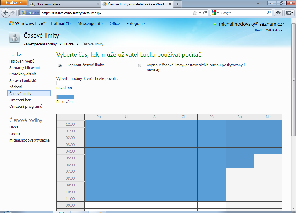 Časové limity zřejmě jedna z nejdůležitějších věcí. Nastavíme zde pro jednotlivé uživatele čas, kdy se budou moci k počítači přihlásit.
