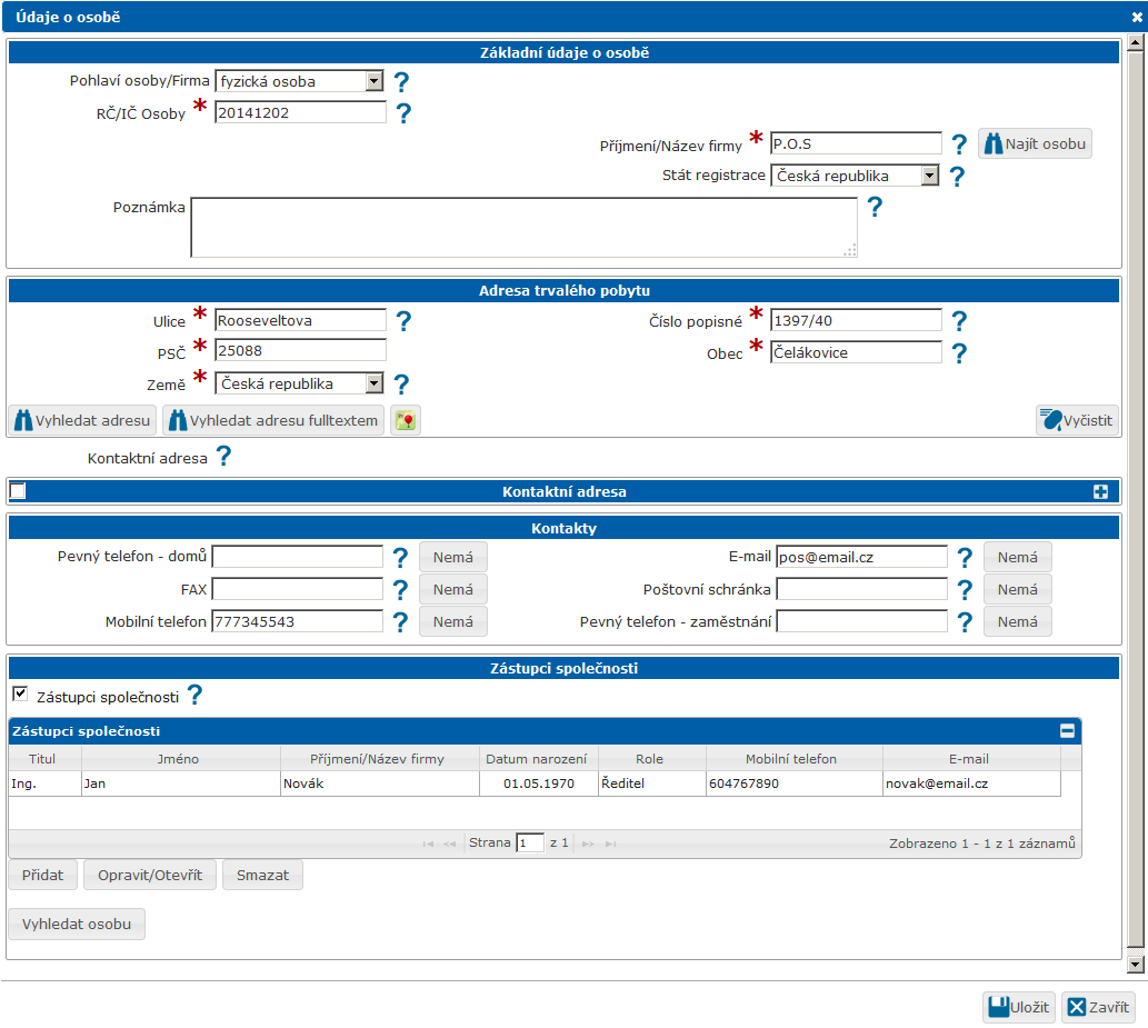 Obr: Vyplněná karta osoby včetně přidaného zástupce společnosti Po vyplnění všech požadovaných položek je možné osobu [Uložit].
