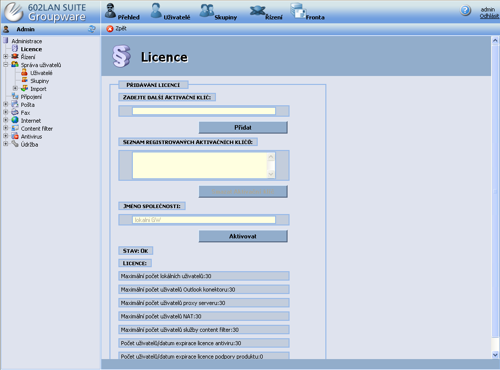 Strana 7/10 Licence Zde si ukážeme jednoduchý postup, jak aktivovat 602LAN SUITE 5 Groupware nebo rozšiřovat jeho možnosti. K tomu slouží tzv.