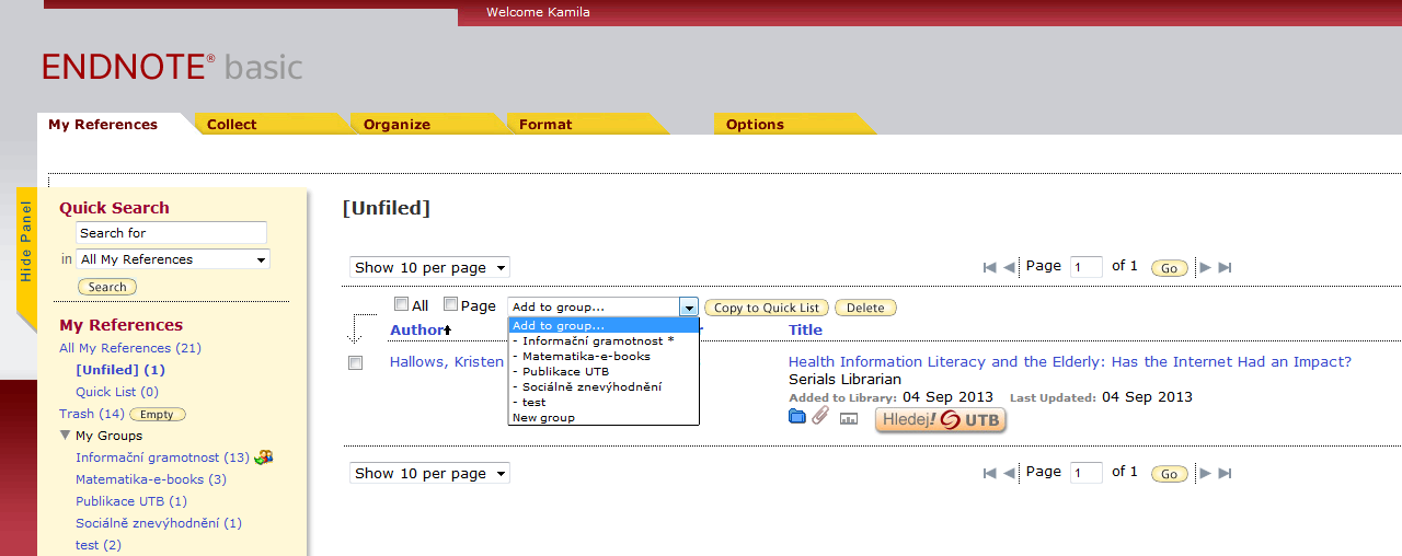 Export záznamů z Web of Science Záznamy se automaticky přesunou do složky Unfiled.