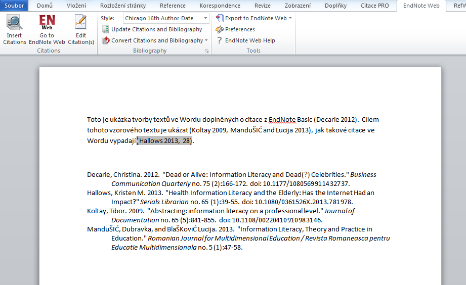 Pokud píšete ve Wordu nějaký text, pomocí doplňku Cite while you write a tlačítka Insert Citations do něj můžete lehce vkládat odkazy a bibliografické citace z Vašeho EndNote Basic účtu.