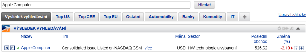 Manuál k online obchodování I. Vyhledání cenného papíru Nejrychlejší vyhledání cenného papíru provedete přímo na hlavní stránce sekce obchodování Moje oblíbené, a to podle názvu, ISINu nebo kódu WKN.