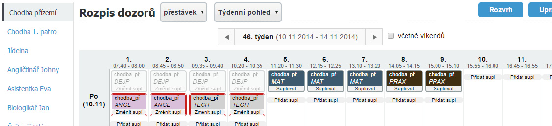 4. Hotovo, suplování dozoru pro daný týden nastaveno. 6. Prohlížecí režim dozorů z pohledu vyučujícího Běžný vyučující může na přehled dozorů nahlížet ze dvou pohledů: 1.