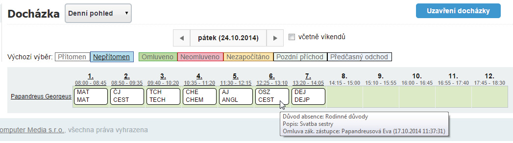světle zelenou spojitou barvou. Po najetí kurzorem myši na tu kterou hodinu se v bublinové nápovědě zobrazí důvod hlášené absence.