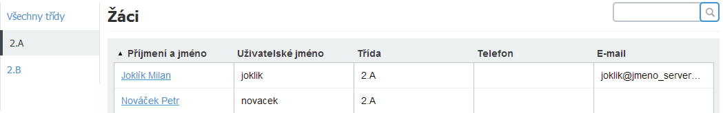 Administrace 8. Administrace Žáci Suboddíl určený evidenci žáků. Naleznete jej na cestě: Administrace Žáci. na následujícím obrázku vidíte výpis seznamu žáků zvolené třídy.