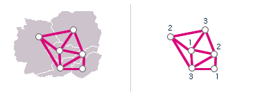 Obr. č. 3.8 - Spojitost mezi barvením mapy a grafem, který této mapě odpovídá Zadání matematicky Nechť G = (V,E) je graf, k přirozené číslo. Zobrazení b: V {1,2,.