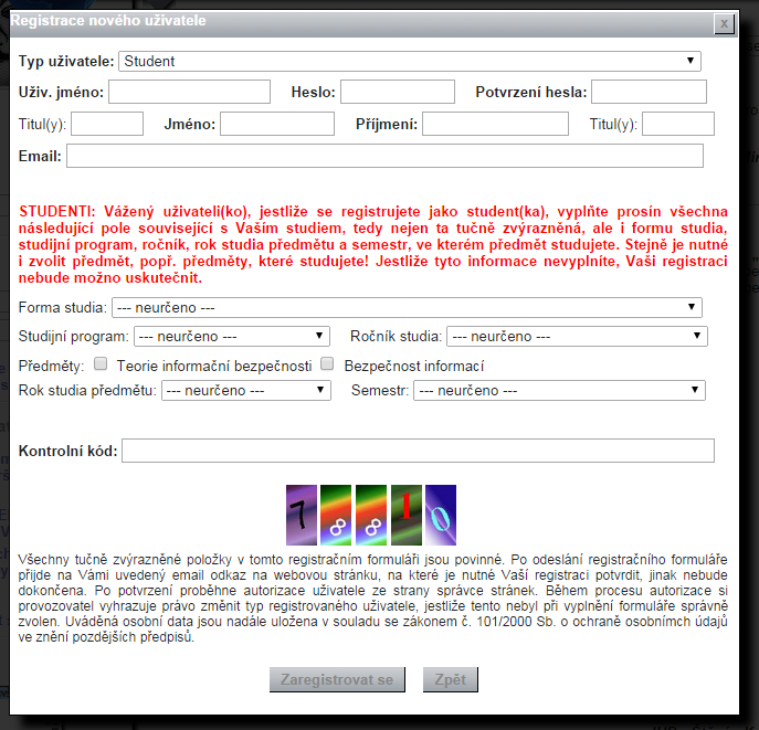 Po kliknutí na nabídku zaregistrovat se se otevře okno Registrace nového uživatele s předdefinovaným uživatelem student, viz obr. č.