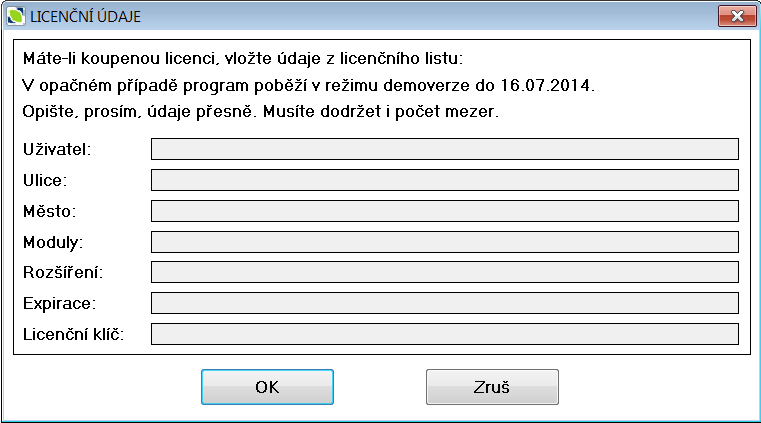 Licenční údaje je nutné opsat přesně včetně mezer, které je třeba dodržovat. Pokud licenční údaje nemáte k dispozici, je možné spustit program v režimu demoverze, která je funkčně neomezená.