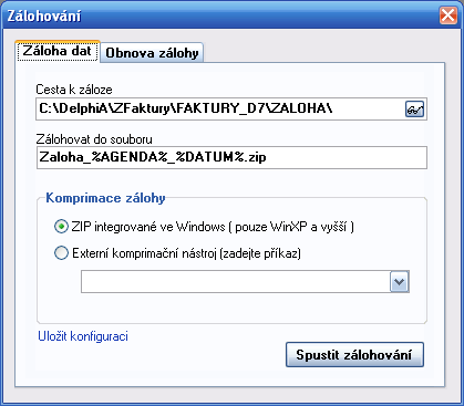 Data Tato sekce programu je určena k základní práci s daty programu. Pro uživatele je patrně nejdůležitější část Záloha dat.