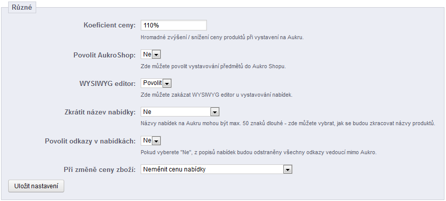 procentech (př.: Koeficient ceny = 110% - cena na Aukru bude o 10% vyšší než cena v PrestaShopu). 2. Povolit AukroShop Zde můžete povolit vystavování předmětů do Aukro Shopu. 3.