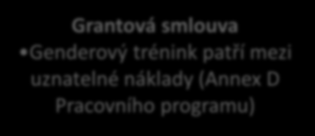 VYROVNANÉ ZASTOUPENÍ ŽEN A MUŽŮ V ROZHODOVACÍCH POZICÍCH Pracovní program Minimálně jeden expert s genderovou expertízou Ad hoc genderová poradní skupina Grantová smlouva Genderový trénink patří mezi