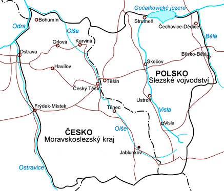 11. Vyznač jednotlivá místa (čísly) na mapě Těšínského Slezska podle tabulky.