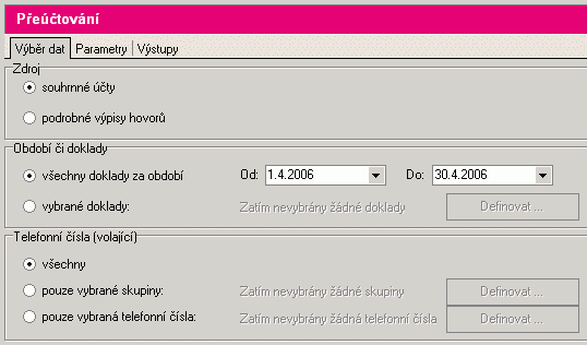 78 Výběr dat 5.2 Parametry V této záložce může uživatel definovat parametry přeúčtování jako například služby, které mají být přeúčtovány, limity atd.