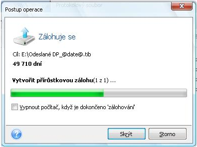 UTB ve Zlíně, Fakulta aplikované informatiky, 2010 38 Obrázek 14: Okno shrnutí vytvoření zálohy Po stisknutí moţnosti Pokračovat v dolní části se nám na daném disku E vytvoří záloha viz obrázek